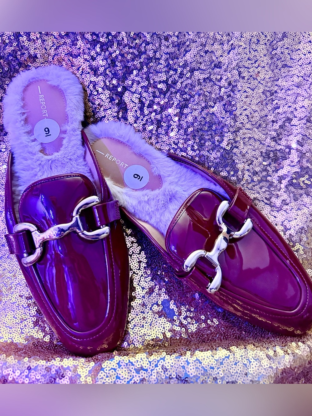 Report Burgundy Patent Faux-Fur Backless Mules